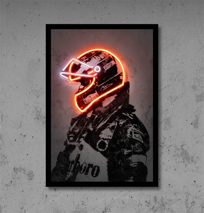 Poster Formula 1 racing driver with neon helmet as a decorative print without a frame
